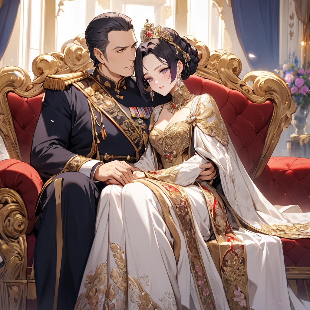 ((Highest quality)), ((masterpiece)), (detailed), （Perfect Face）、The woman is Shinobu Kocho, a Russian with black hair with purple gradient ends, tied in a bob hairstyle, an elegant, graceful and beautiful Russian noblewoman, and the Empress of the Great Russian Empire.、The woman is beautifully dressed in the gorgeous and glittering gold-colored ancient Russian court dress of an ancient Russian empress, accessorized with luxurious accessories and kokoshniks.、The woman is standing next to a great and dignified old Russian emperor.、A woman is sitting happily and affectionately with a great old Russian emperor on a luxurious sofa in a palace, hugging and kissing him、The woman loves the emperor with all her heart.