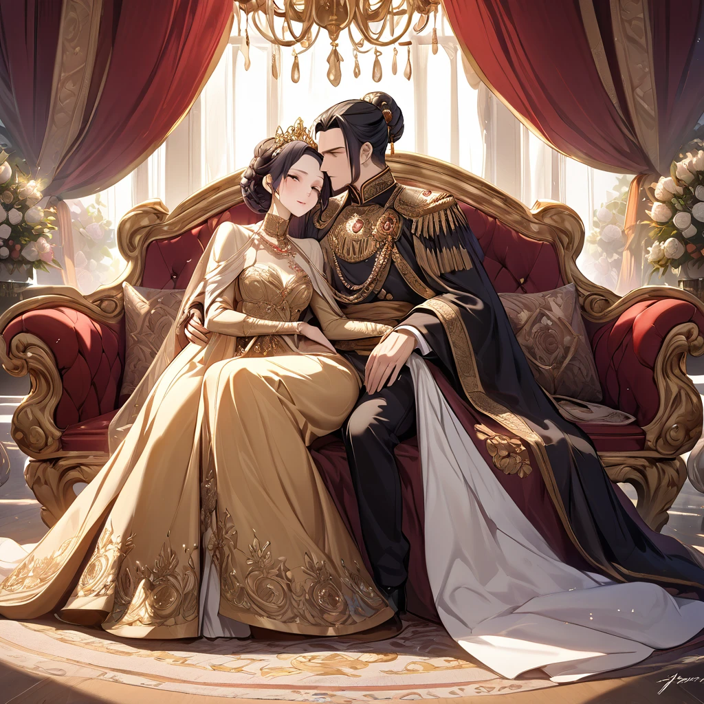 ((Highest quality)), ((masterpiece)), (detailed), （Perfect Face）、The woman is Shinobu Kocho, a Russian with black hair with purple gradient ends, tied in a bob hairstyle, an elegant, graceful and beautiful Russian noblewoman, and the Empress of the Great Russian Empire.、The woman is beautifully dressed in the gorgeous and glittering gold-colored ancient Russian court dress of an ancient Russian empress, accessorized with luxurious accessories and kokoshniks.、The woman is standing next to a great and dignified old Russian emperor.、A woman is sitting happily and affectionately with a great old Russian emperor on a luxurious sofa in a palace, hugging and kissing him、The woman loves the emperor with all her heart.