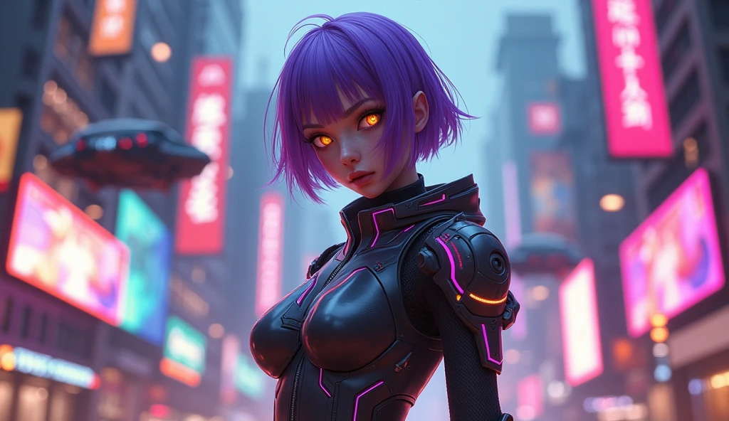 Beautiful girl, dressed in a futuristic battle suit with neon accents and a visor, with short purple hair and amber eyes, standing boldly in a cyberpunk cityscape at night, surrounded by holographic billboards and flying cars, in the style of action photography with vibrant colors, high resolution, intricate details, soft lighting, and an energetic atmosphere, warm tone and lighting