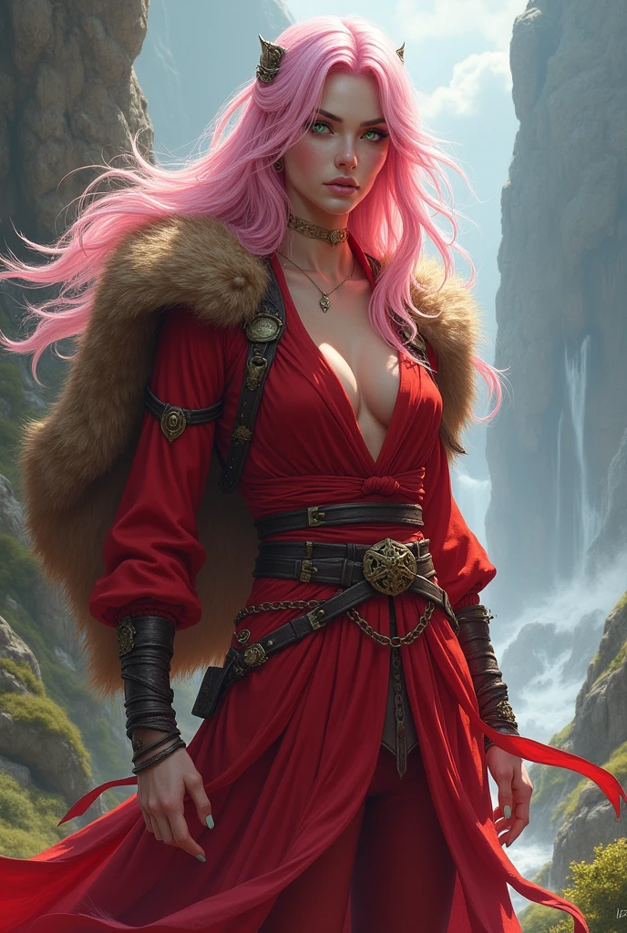 Woman with pastel pink hair, green eyes with red ninja clothes with a bear skin
