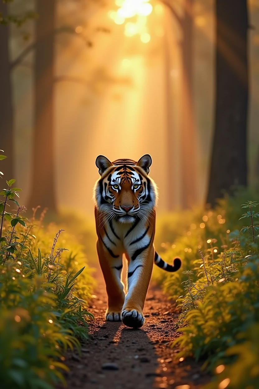 Tiger walk on mid of the forest in the morning sunshine