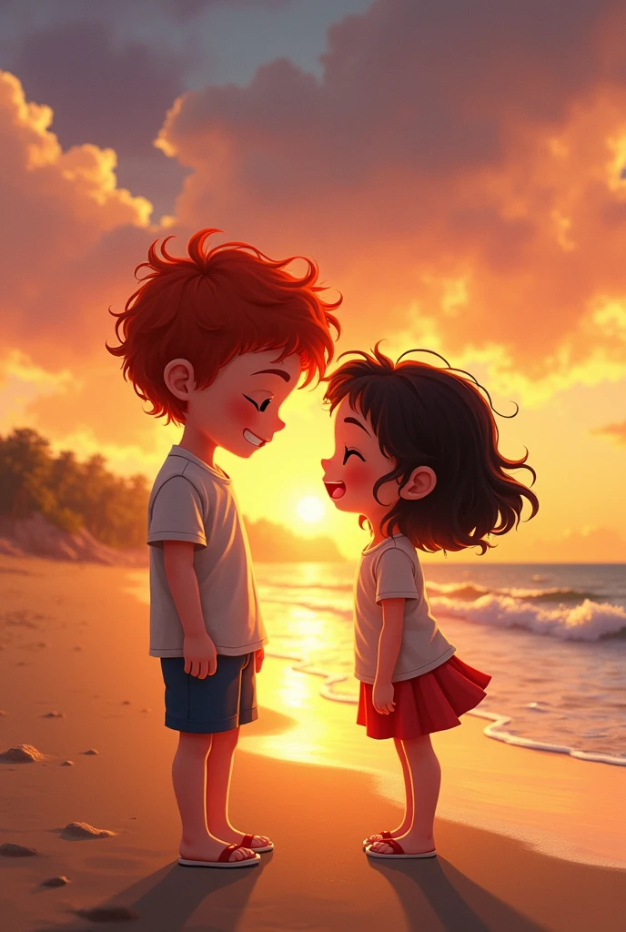 generates an image of a red-haired boy with short curly hair with a girl with loose black hair who is shorter than him and a little chubby (not so much) on the beach at sunset with their faces TOGETHER toothless with their eyes closed