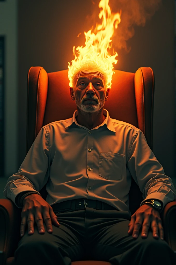 Man sitting in a chair with his head on fire