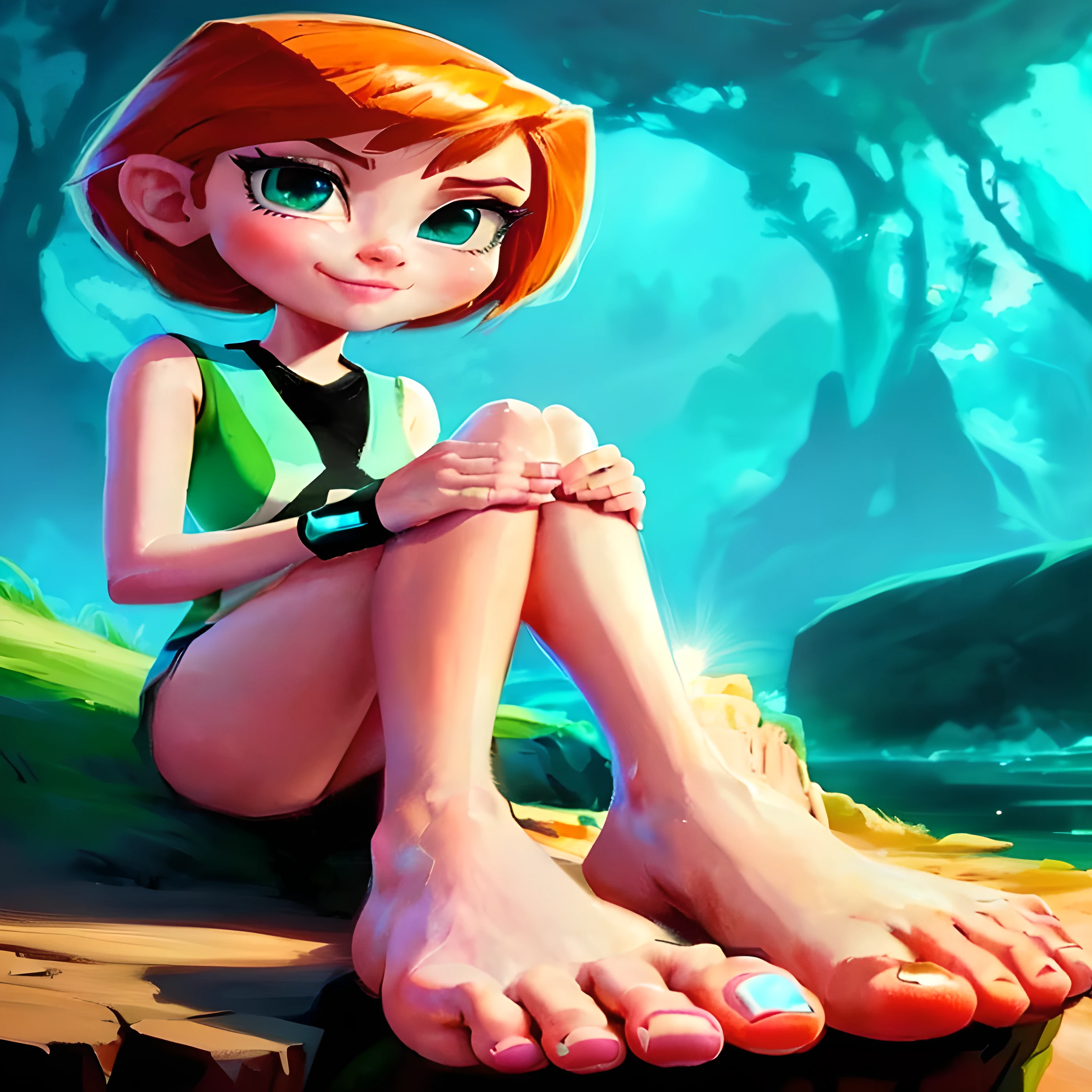 a close up of a cartoon girl sitting on a rock, barefoot beautiful girl alien, cartoon digital painting, digital cartoon painting art, cartoon digital art, cartoonish cute, stylized digital art, digital art cartoon, cartoon artstyle, adorable digital painting, kim possible, cute detailed digital art, stylized digital illustration, animated movie still, in the croods movie style, showing soles, big feet, yummy foot