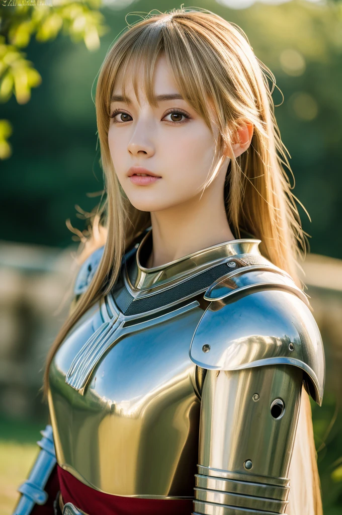 (masterpiece, best quality:1.4), (8k, raw photo, photo realistic:1.2), (shiny skin), detailed skin, detailed face, detailed eyes, 8k portrait, calm Japanese woman, 25 years old, Brown eyes , beautiful, (), female knight cosplay costume, blonde Long straight hair, old castle, (), stare into the distance, full body, divine light