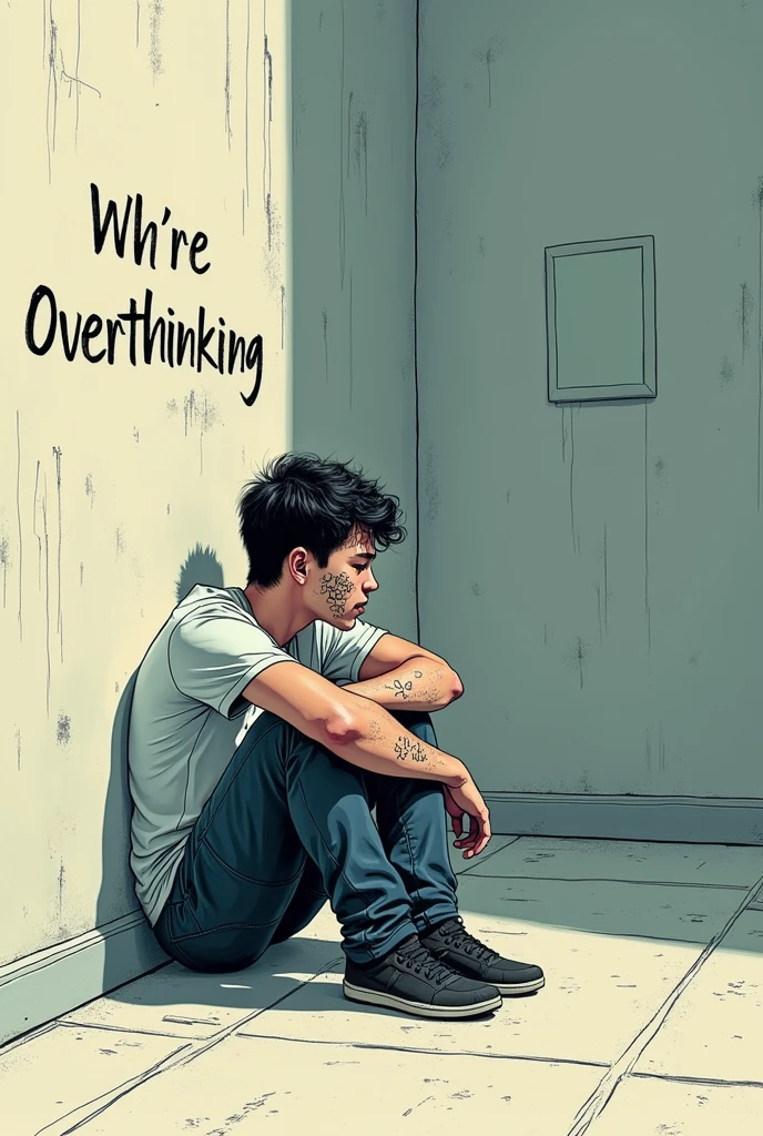 Make me an artwork cover for spotify. The illustration should have a guy sitting on a corner of a room. His face is doodled with scratches. The title is at his back. Make the scene like he is overthinking.