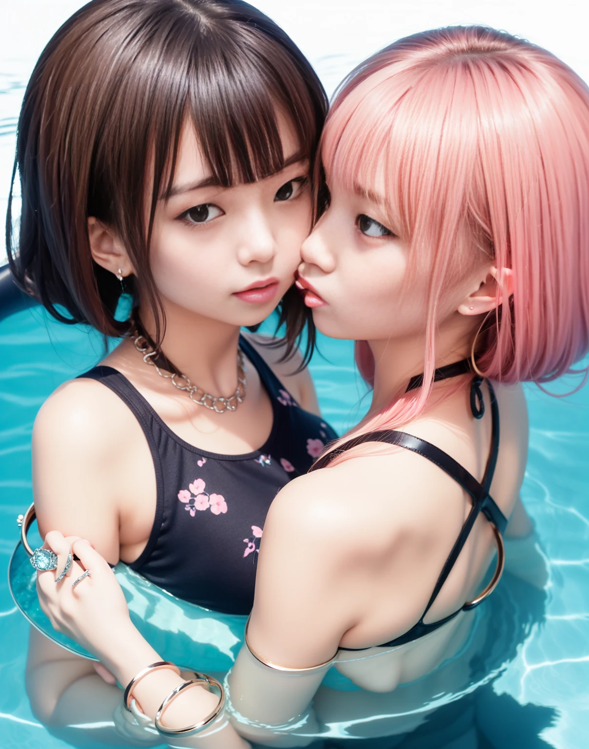 8k,masterpiece,Japanese,best quality, two girls, (kissing:1.9), 比基尼, (Floating Ring:1.7), reluctantly, (blush:1.3), (breasts:1.3), sea