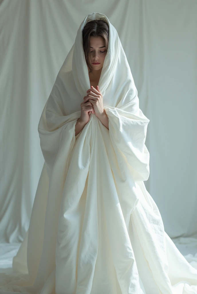 A Woman covering her eYes, wearing a White quillt, dramatically artistic