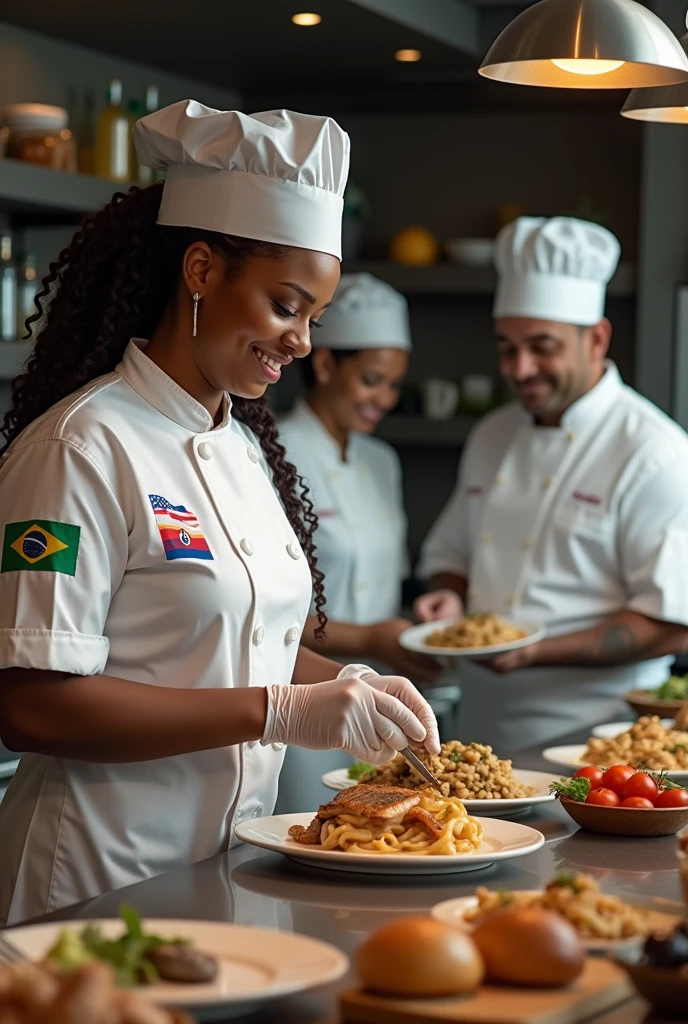 Beautiful, chubby black light skin woman, with black, curly hair, even Abu. Braided with a chef's hat, cooking in a kitchen with a Brazilian flag on her chef's outfit with. White men next to her in a chef's outfit, gloves and mask. It is not a Haitian flag and a United States flag with another person looking smiling from the counter on the other side. Another white man next to him, looking at his food and smiling in a chef's outfit with the American flag.
A third indigenous woman next to the man in a chef's outfit with straight hair in a bun, smiling and looking at her plate of fish on the counter.