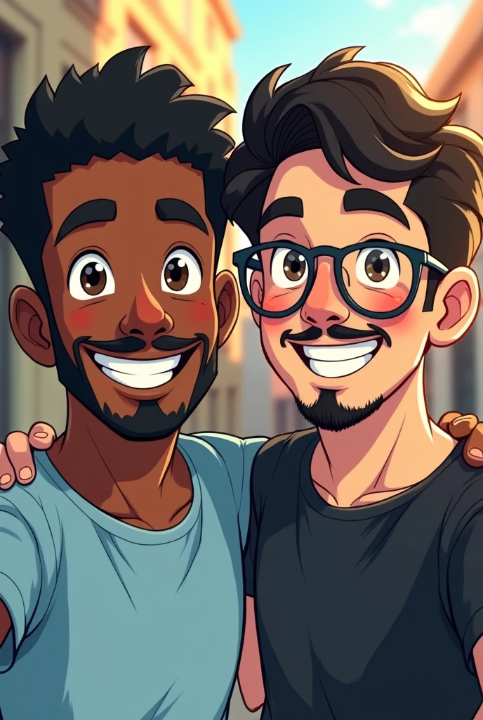2 friends taking a selfie together a black boy with short black hair, brown eyes, a mustache, a thin goatee and a light blue t-shirt and a white boy with slightly curly black hair and round glasses , mustache, thin goatee and black frames and a black t-shirt . drawing style
