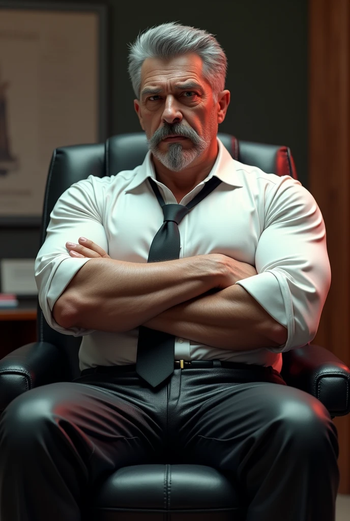Hyper-realistic very attractive mature muscular handsome hunk white man, big duck outside his pants, gentle and malicious smirk, thick legs, huge calves, sitting, full body, crossed arms, arms crossed, at office, grey very short hair, well designed grey mustache, hyper-detailed background, cinematic, uhd, 8k, high resolution, perfect result, best quality, detailed work, wearing a black leather pants, a white shirt, a tie