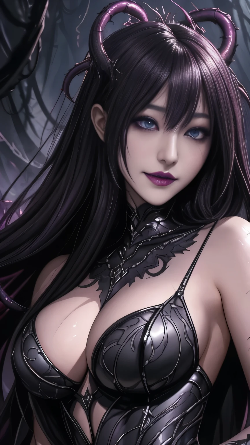 Esoteric arachnids lady, Spider Queen Elise, League of Legends, Esoteric arachnids, Combat Stance, ( body formed from metallic mauveine and metallic black liquid metallic paint twisting into a beautiful interpretation of the female figure), length, Sharp Fangs, nature, ((Complex metallic colors in the foreground)), (( Fluid Mechanics, The most beautiful smooth scale face makeup, Smirking expression)) - Dark blood, Onyxia、Noir painting of a beautiful young witch, length purple hair, dark purple lips, evil, evil female, smile, Black Prom Dress, She is coming to you, close, Bright Blue Eyes, Surrounded by swirling pink smoke, Genuine, Attention to detail, Highest quality、A beastly demon wields a vicious blade, Blood Chain, Behemoth Bones, Snake-like tentacles, Cruel Teeth, Expressions of madness, Oppressive Dungeon. 8K Vision Reveals Fear, Ultra HD detail makes monsters stand out, Grotesque shadows dance, The creature whispers, Stifling atmosphere, Vision problems, Visible Madness. blade, A flash of evil intent shines, reflect (Light) Beyond the Darkness, Elucidate (Sharp details) and、Add a dizzying dimension to the impending chaos.