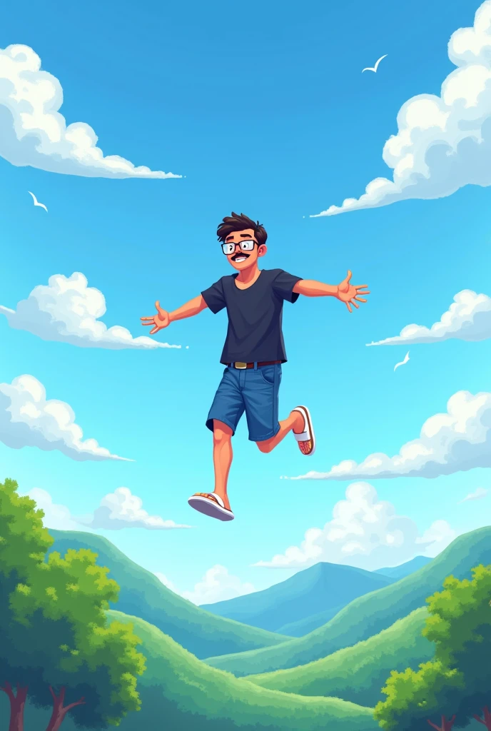 Create a pixel art man who is flying in the blue sky with clouds and green trees below. This boy has a mustache and short black hair. This boy is wearing a black t-shirt, short blue shorts and white flip-flops and wears glasses, rectangular transparent glasses. The image is in 4k resolution