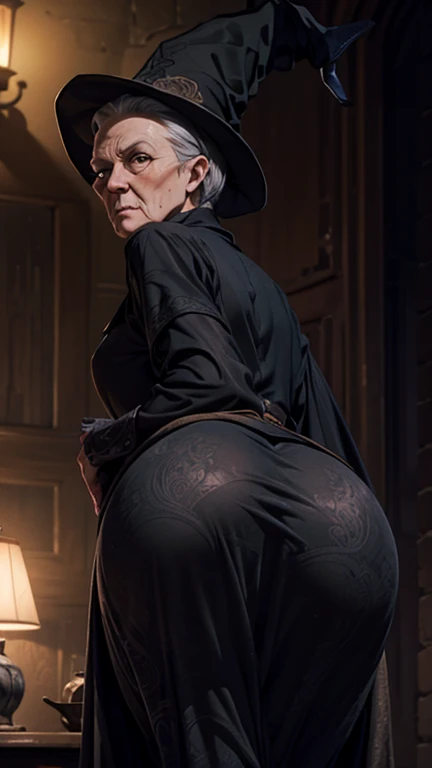 a detailed portrait of an old woman with grey hair, Professor Minerva McGonagall from the Harry Potter series, slim body, slender body, bending over and looking back, extremely detailed face and eyes, round and tight wrinkled ass, panty, Harry Potter character model,; photorealistic, 8k, high quality, highres, intricate details, dramatic lighting, warm color tones;