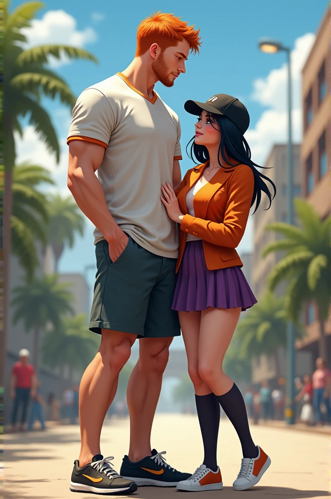 Tall boy with white skin, ginger hair, American football player with his girlfriend short semi long black hair wearing a black cap with white stripe, Orange blouse and purple skirt with long socks