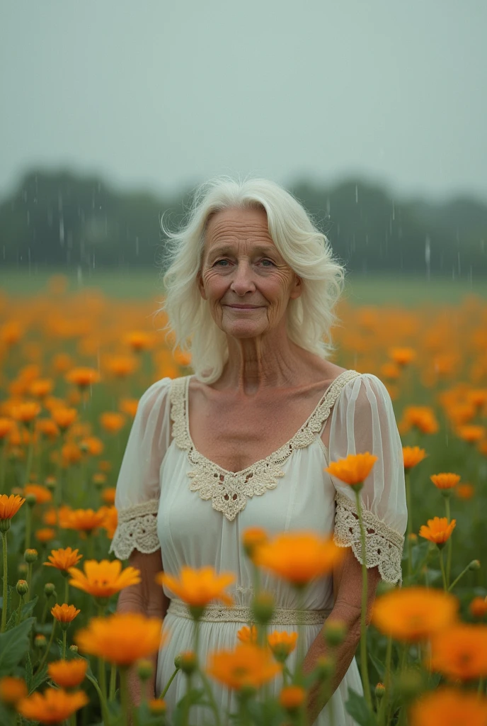 A old woman stands in a flower field in the rain., a goddess in a field of flowers, , a middle-aged blonde, a light translucent dress, facing the camera, A girl in front in a flower field, Beautiful Ultra HD 4K art, , in a field of flowers, a woman in flowers, highly detailed 4k digital art, wrinkled body and face, 65 age ,in full growth,