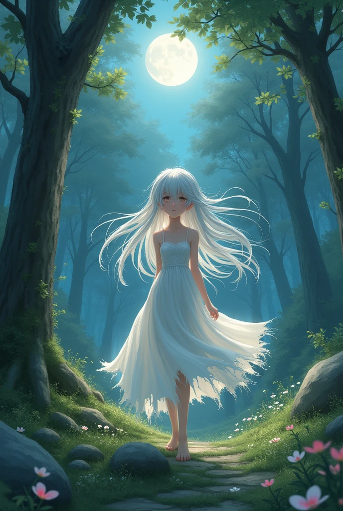 kawaii anime, a naked lonely girl with white hair walking in a dark jungle from the back