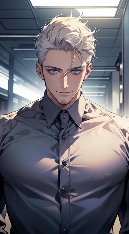 (best quality, masterpiece, 8K, photorealistic, cinematic lighting, hdr image, ultra detailed, beautiful image), 1 man, 31 years old, mature man, very handsome, (without expression, smile), short white hair, blue eyes ( penetrating gaze), perfect face without errors, imposing posture, without errors, businessman, office background