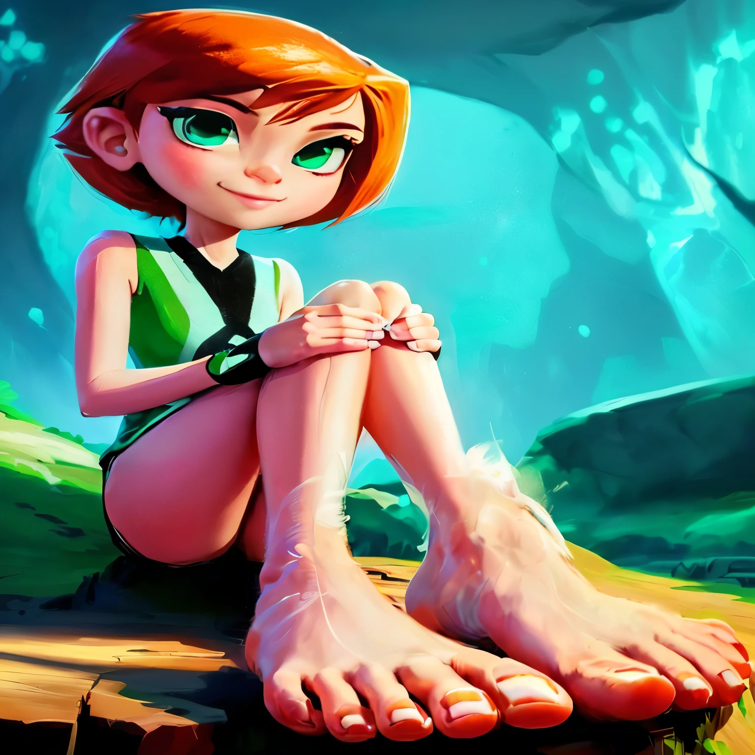 a close up of a cartoon girl sitting on a rock, barefoot beautiful girl alien, cartoon digital painting, digital cartoon painting art, cartoon digital art, cartoonish cute, stylized digital art, digital art cartoon, cartoon artstyle, adorable digital painting, kim possible, cute detailed digital art, stylized digital illustration, animated movie still, in the croods movie style, showing soles, big feet, yummy foot