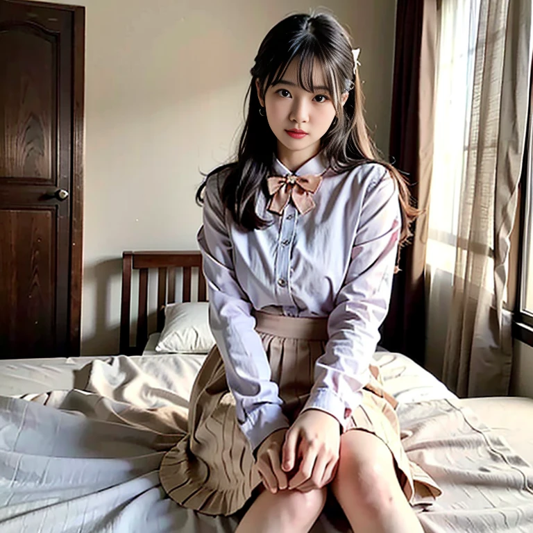 Photorealistic, realistic, Japan person, Kasumi Arimura, beautiful woman 22 years old, ruffles, white blouse, long skirt, white ankle socks, on bed, full body! Cute face, cute: 2, lovely and cute, loosely wavy black hair, ribbon, blue skirt, ribbon tie --auto --s2