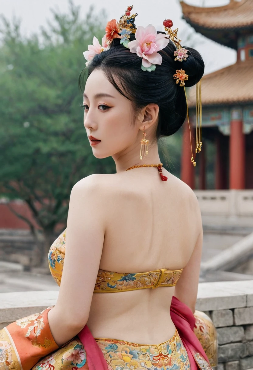 The image of a Qing Dynasty Empress with her bare buttocks visible. The background is the stone paving outside a Chinese palace during the Qing Dynasty. Only her large buttocks are sticking out. She is either wearing underwear or not. Her protruding buttocks are floating up in the air.
Her hair is decorated with a large flower ornament and a large crown.
The back of the hair is tied up and up. Erotic Woman