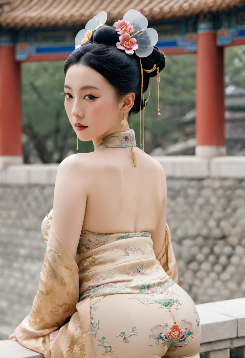 The image of a Qing Dynasty Empress with her bare buttocks visible. The background is the stone paving outside a Chinese palace during the Qing Dynasty. Only her large buttocks are sticking out. She is either wearing underwear or not. Her protruding buttocks are floating up in the air.
Her hair is decorated with a large flower ornament and a large crown.
The back of the hair is tied up and up. Erotic Woman