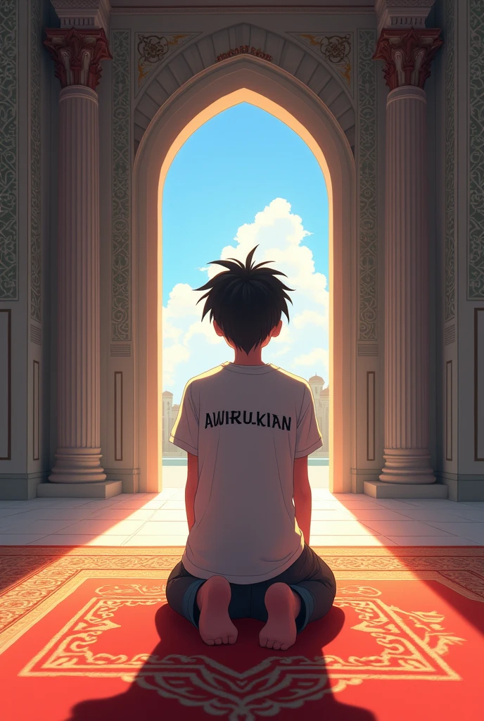 create an anime image that that a 18 years old boy named"AMIRULKHAN" on his t-shirt and praying in the mosque.