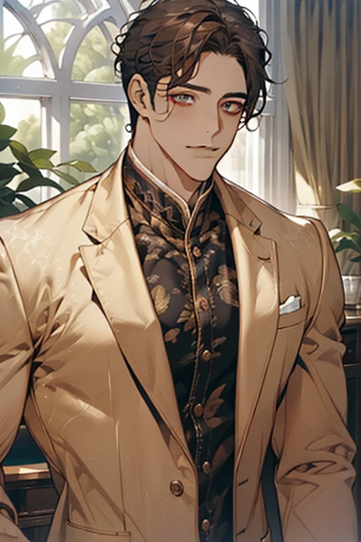 masterpiece, best quality, realistic, 1man, mature male, quiet and charming young man, 28 years old, adorable, closed mouth, portrait, extremely detailed face, soft smile, ((dark amber eyes)), ((short-sides-swept curly light brown hair)), [thick eyebrows], living-room, ((white suit))