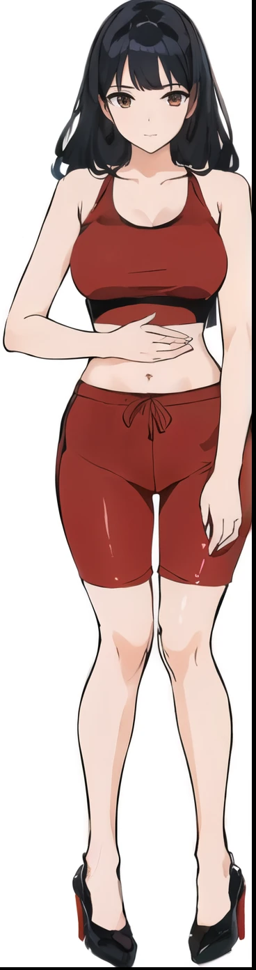 Wearing a tight top,穿紧身短裤的女子 thigh, Legs tucked, thigh, thigh!!!!!!,Bending the waist, Hands over your stomach,Long hair