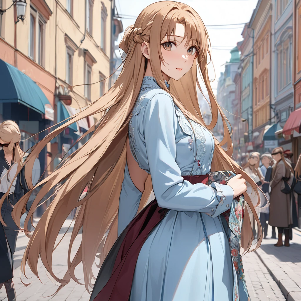 ((Highest quality)), ((masterpiece)), (detailed), （Perfect Face）、The woman is Yuuki Asuna, a Russian with light brown, semi-long hair.、In the streets of Russia, women are beautifully dressed in everyday Russian clothing and luxurious accessories.