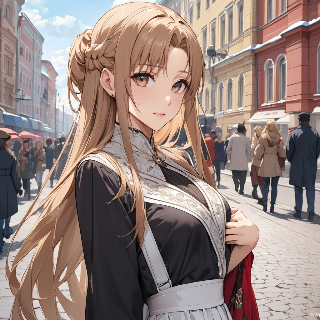 ((Highest quality)), ((masterpiece)), (detailed), (Perfect Face)、The woman is Yuuki Asuna, a Russian with light brown, semi-long hair.、In the streets of Russia, women are beautifully dressed in everyday Russian clothing and luxurious accessories.