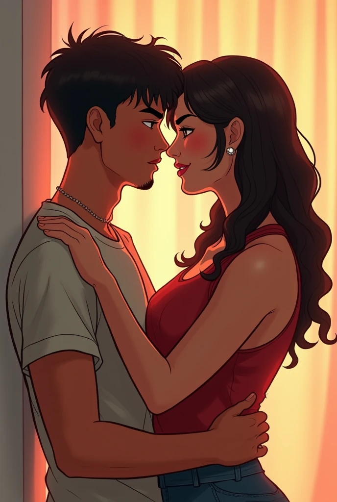 gay couple, where one is a Latino teenboy, straight medium hair, light eyes, well-defined jaw, soft goatee, athlete's body and charming smile. While the other is a Brazilian teenage long curly hair, dark brown eyes, diastema, dancer's body, goatee and dazzling smile