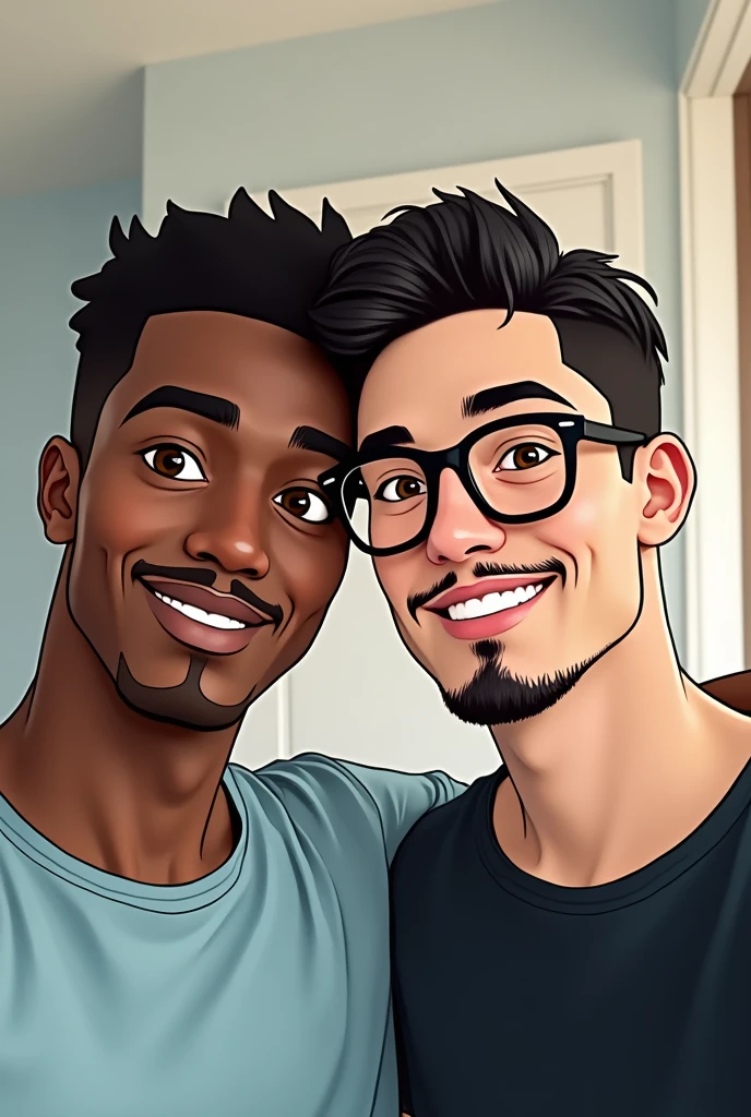2 friends taking a selfie together a black boy with short black hair, brown eyes, a mustache, a thin goatee and a light blue t-shirt and a white boy with slightly curly black hair and round glasses , mustache, thin goatee and black frames and a black t-shirt . drawing style