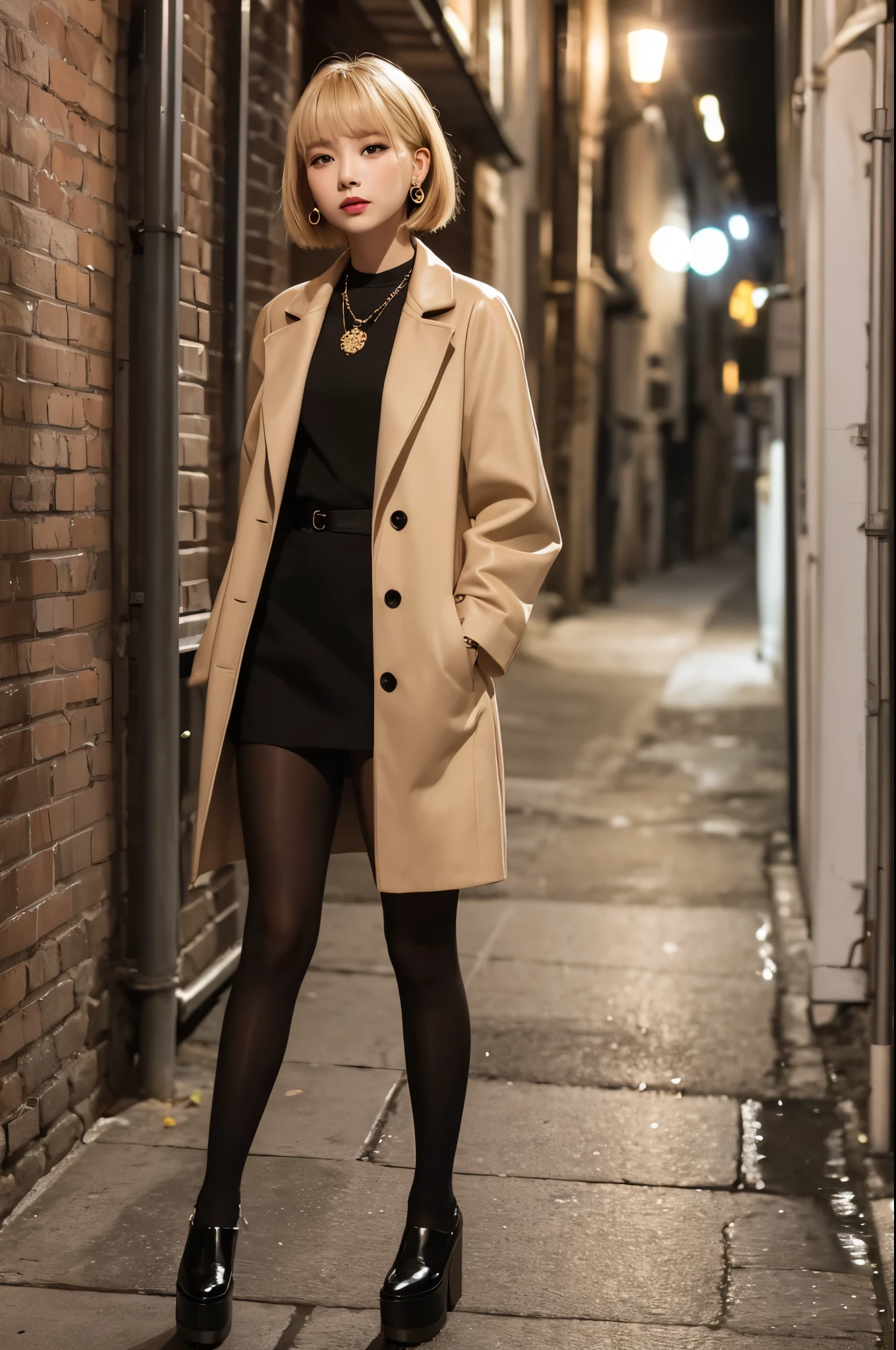 woman　Blonde　Earrings　necklace　Center Parting　short hair、black tights　Beige coat　Platform shoes　Shot in a back alley　evening