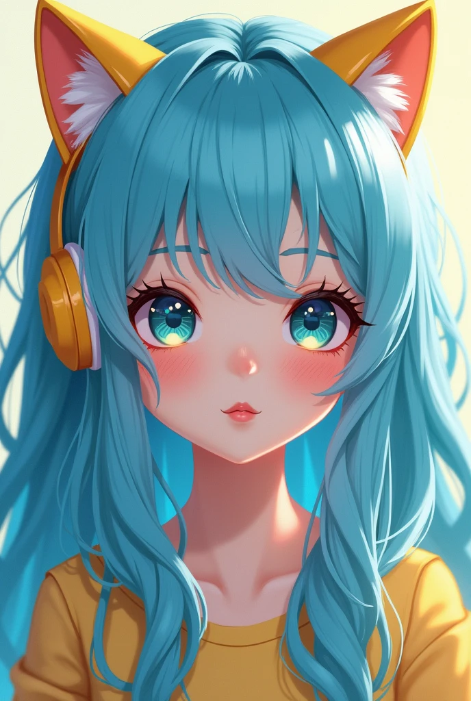 A cute girl with long, beautiful light blue hair wearing yellow-green cat ear headphones