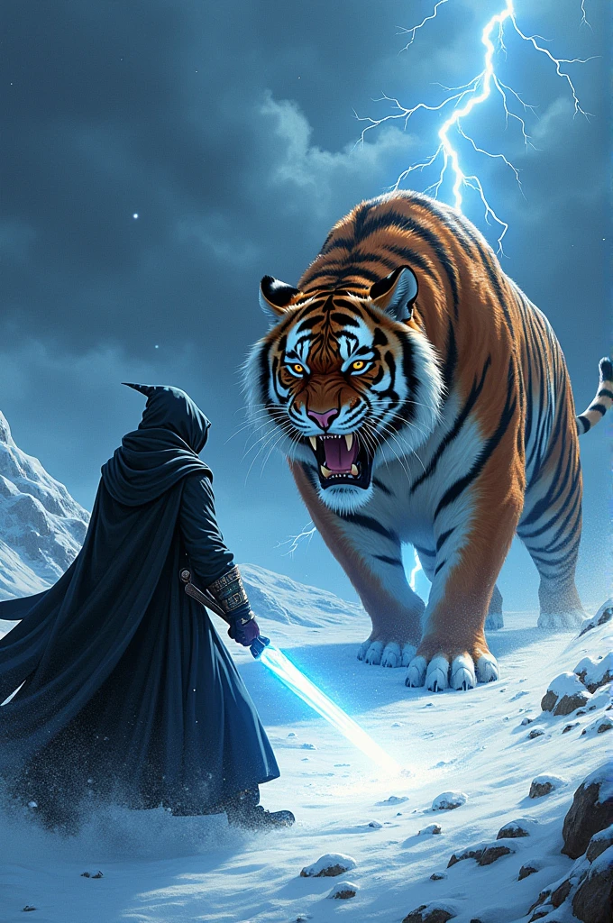 a close up of a person on a snow covered ground with lightning, a wizard battling a tiger, tiger_beast, blade and soul, 4 k manga wallpaper, momoshiki ōtsutsuki, marc silvestri, manhwa, martin ansin, naranbaatar ganbold, drifters, sabertooth, white tiger, anthropomorphic tiger
