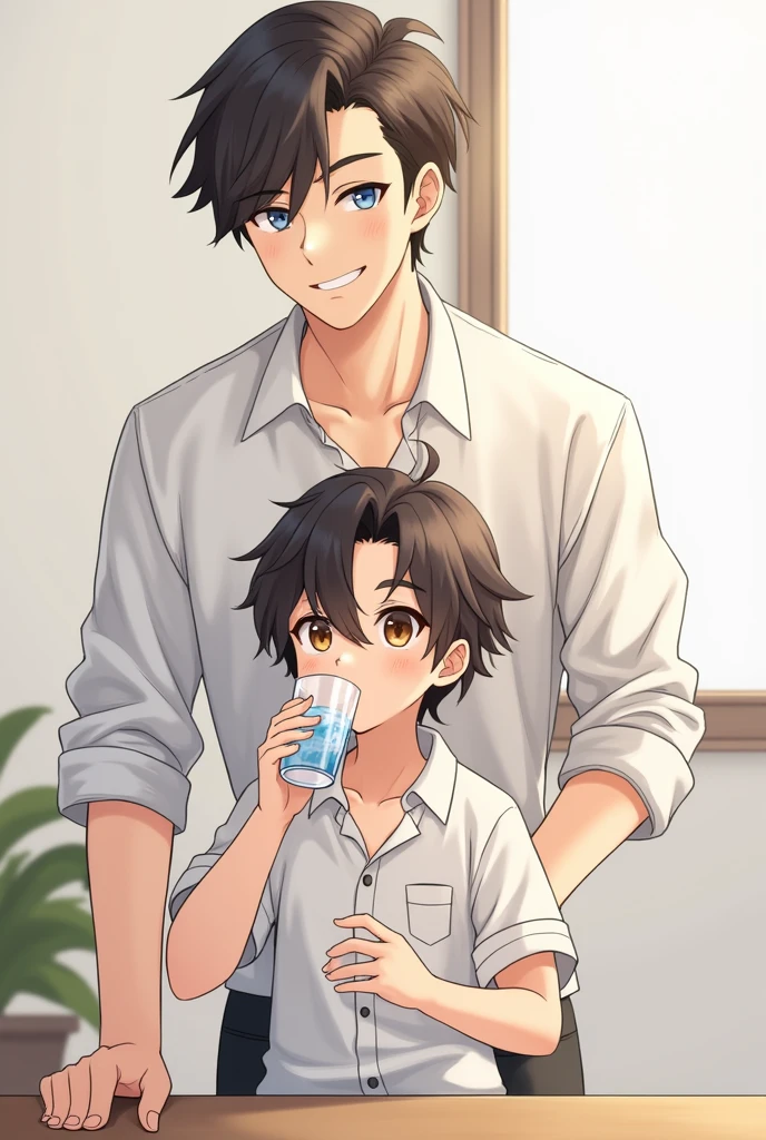 A small two-block haired man in a white shirt with brown eyes is sucking on a glass of water and leaning on the shoulder of a taller two-block haired man with blue eyes in a white shirt, smiling and looking forward.