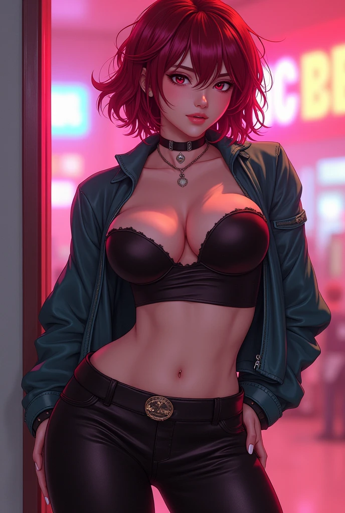 ((portrait shot)) a photo of a woman, (pants) (shirt:1.2), 4k, high-res, masterpiece, best quality, (head:1.3), finely detailed skin, cleavage, pushup bra, neon, bedroom,