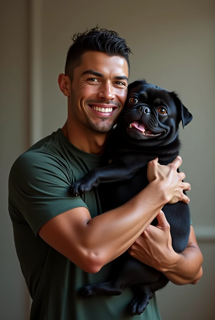 Cristiano Ronaldo hugging black pug dog