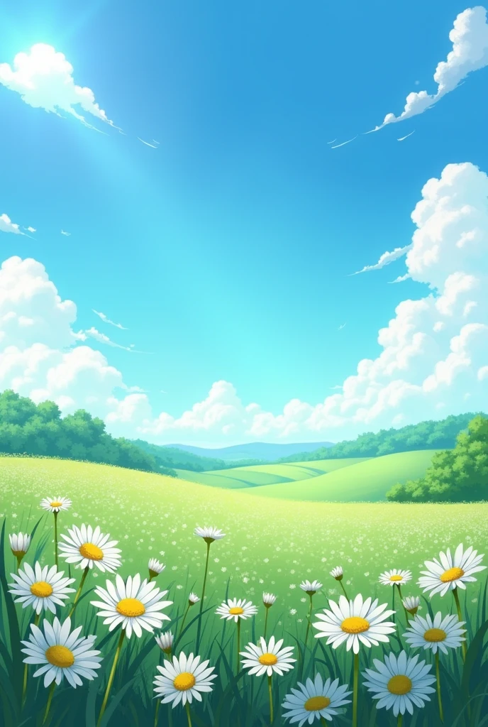 A anime landscape with daisy flowers in a field