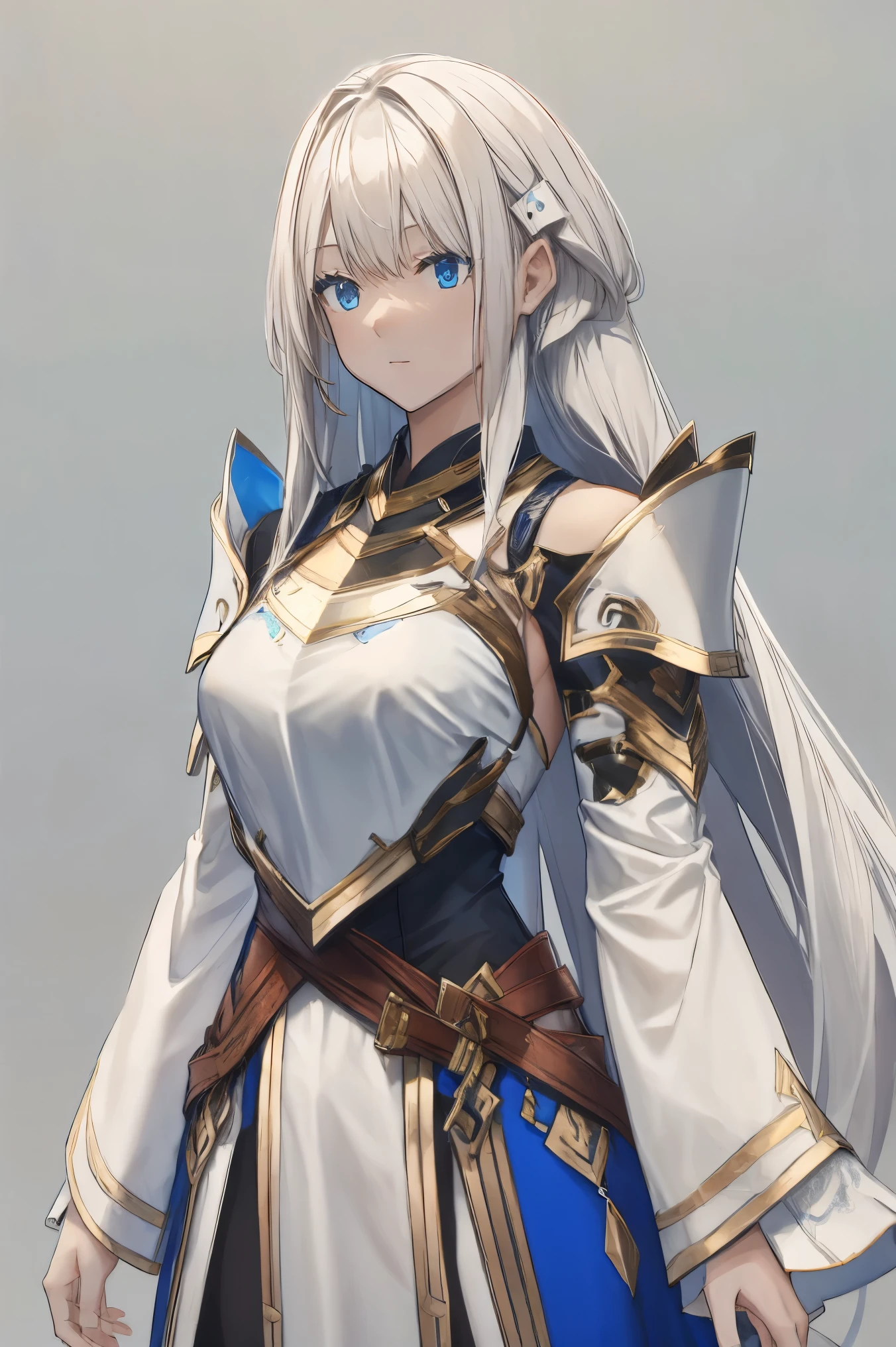 female, hair ornament, white hair, blue eyes, armor, long hair