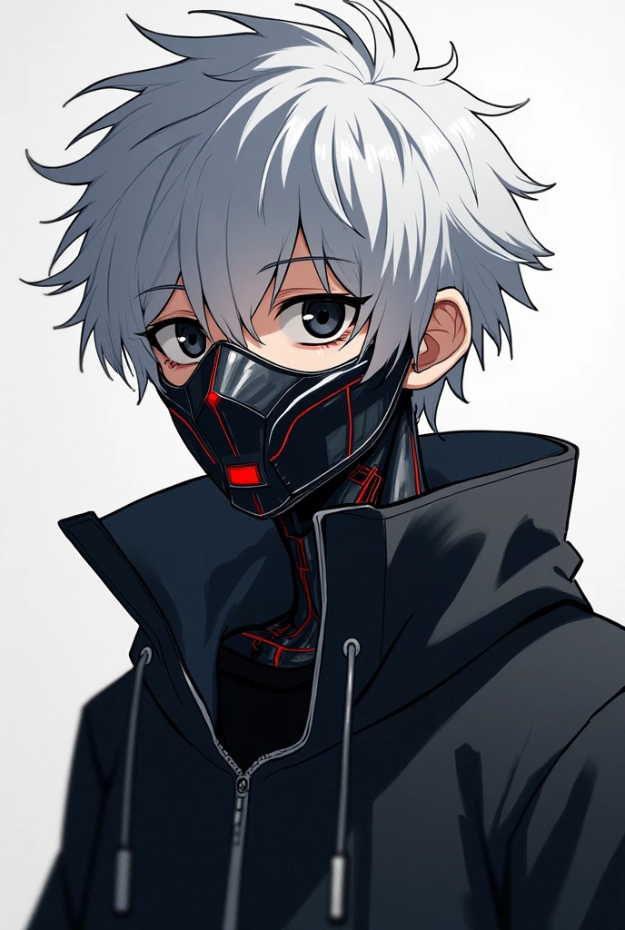1 anime boy,susadera de color ?????,white hair with a messy or common hairstyle,serene face,total black eye color,A robotic metal mask that lights up when you talk,weak appearance or physique