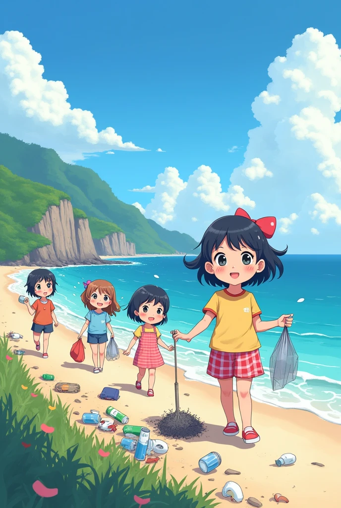anime,cute,Children,Picking up rubbish,Ocean