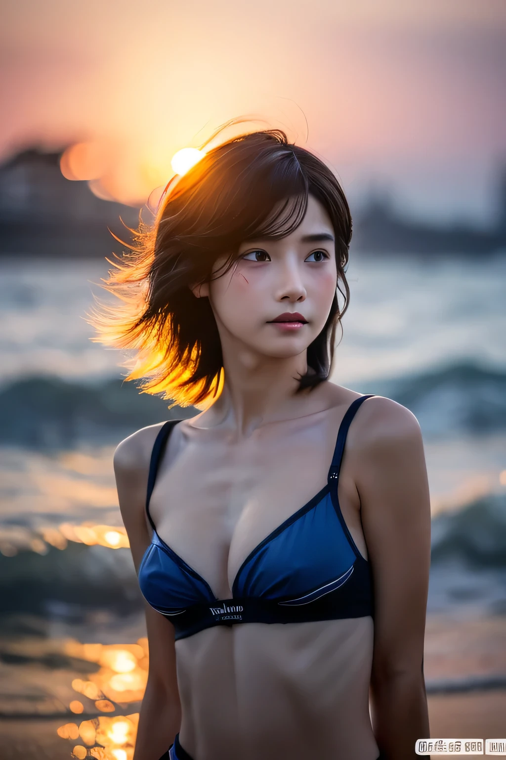 (Hyper Reality: 1.35), (Realistic: 1.4), A beautiful Japanese woman, smile, (((No makeup))), masterpiece, high quality, Very good, Puberty, Well-trained slim body, muscular, slim body, breasts apart, large breasts, ((Very delicate and beautiful)), Familiar, (((Very shallow depth of field))), (((Unbelievably absurd))), dark brown short hair, blowing boyish short bob hair, shag messy hair, wolf cut, big hair, Windで揺れる髪, Slim body type, (((small ))), Looks like a salon model, Cool face, Neutral facial features,(ecstasy:1.3) ,(slut:1.2),(vulgarity:1.3),(fucked silly:1.1),(steam:1.1),(Wet:0.8),(trembling:0.8),(tears:0.7) ,(drooling:0.6),(sweat:0.8),open mouth, {Particles of light}, Detailed Background, Soft lighting, (dramatic), sunset, very beautiful sunset, Realistic, ((())), (((Wind))), ((Movement)), ((emotion)), ((colorful)), ((Baby Face:1.background, (((Cowboy Shot:1.2))),(((nsfw:1.2))),