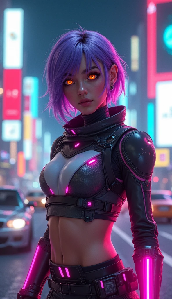 Photo of beautiful girl, dressed in a futuristic battle suit with neon accents and a visor, with short purple hair and amber eyes, standing boldly in a cyberpunk cityscape at night, surrounded by holographic billboards and flying cars, in the style of action photography with vibrant colors, high resolution, intricate details, soft lighting, and an energetic atmosphere, warm tone and lighting