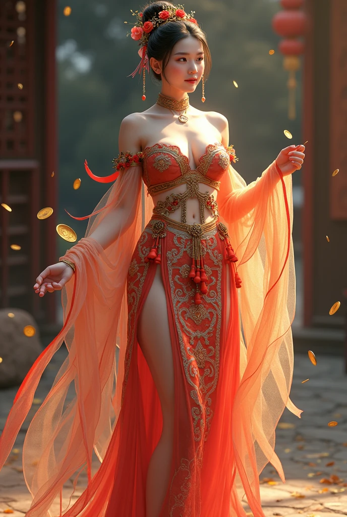 Chinese girl with gold coins , Thick body, Curved body, Curvy waist, Large Breasts, White skin, Luxurious costumes with intricate embroidery, Exposed breasts, flowing tulle, A long transparent colorful ribbon tied on the arm, Inspired by Chinese movies, Showing your belly button,Show your crotch, Exposing shoulders, Bare neck, Her hair was tied up high with a flower hairpin, bangle ribbon, wreath, bracelet, anklet, High heels, Metal chain tassels at waist, Mogao Caves Art, Ink Painting, cgstation pop, In the castle at night, ((whole body)), ((Ultra-realistic))