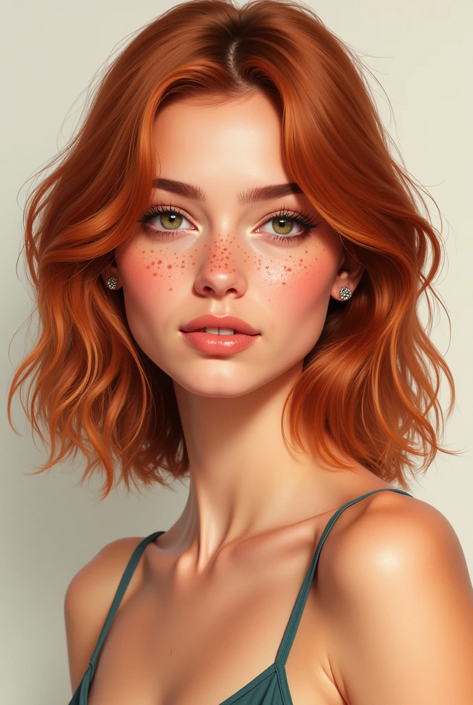 Illustration of a 29-year-old Venezuelan girl, White skin color, shoulder length copper hair color, The hair is between straight and wavy, She has some freckles on her nose but very subtle, Her nose is small and her lips are slightly thin but with a slightly pronounced cupid's bow., is thin, but thin healthy
