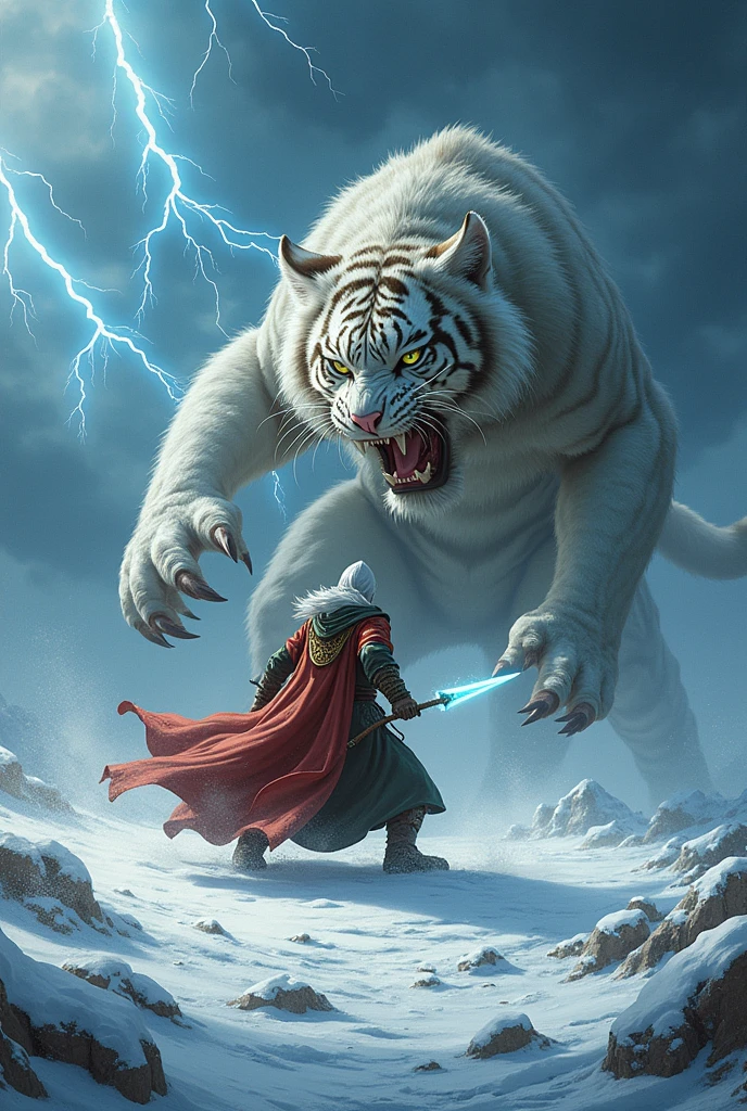 a close up of a person on a snow covered ground with lightning, a wizard battling a tiger, tiger_beast, blade and soul, 4 k manga wallpaper, momoshiki ōtsutsuki, marc silvestri, manhwa, martin ansin, naranbaatar ganbold, drifters, sabertooth, white tiger, anthropomorphic tiger