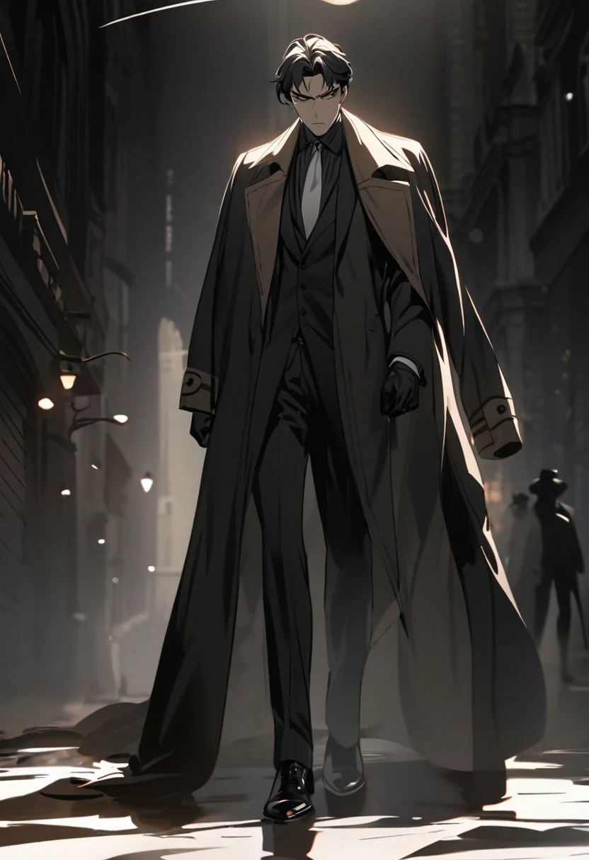 serious man, detective man, black suit and overcoat, noir detective, Elegant man, mysterious and elegant man, A person, a single person, black clothing