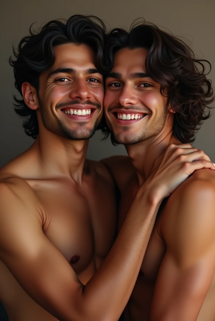 Teen gay couple, where one is a Latino teenage boy, straight medium hair, light eyes, well-defined jaw, soft goatee, athlete's body and charming smile. While the other is a Brazilian teenage boy, long curly hair, dark brown eyes, diastema, dancer's body, goatee and dazzling smile